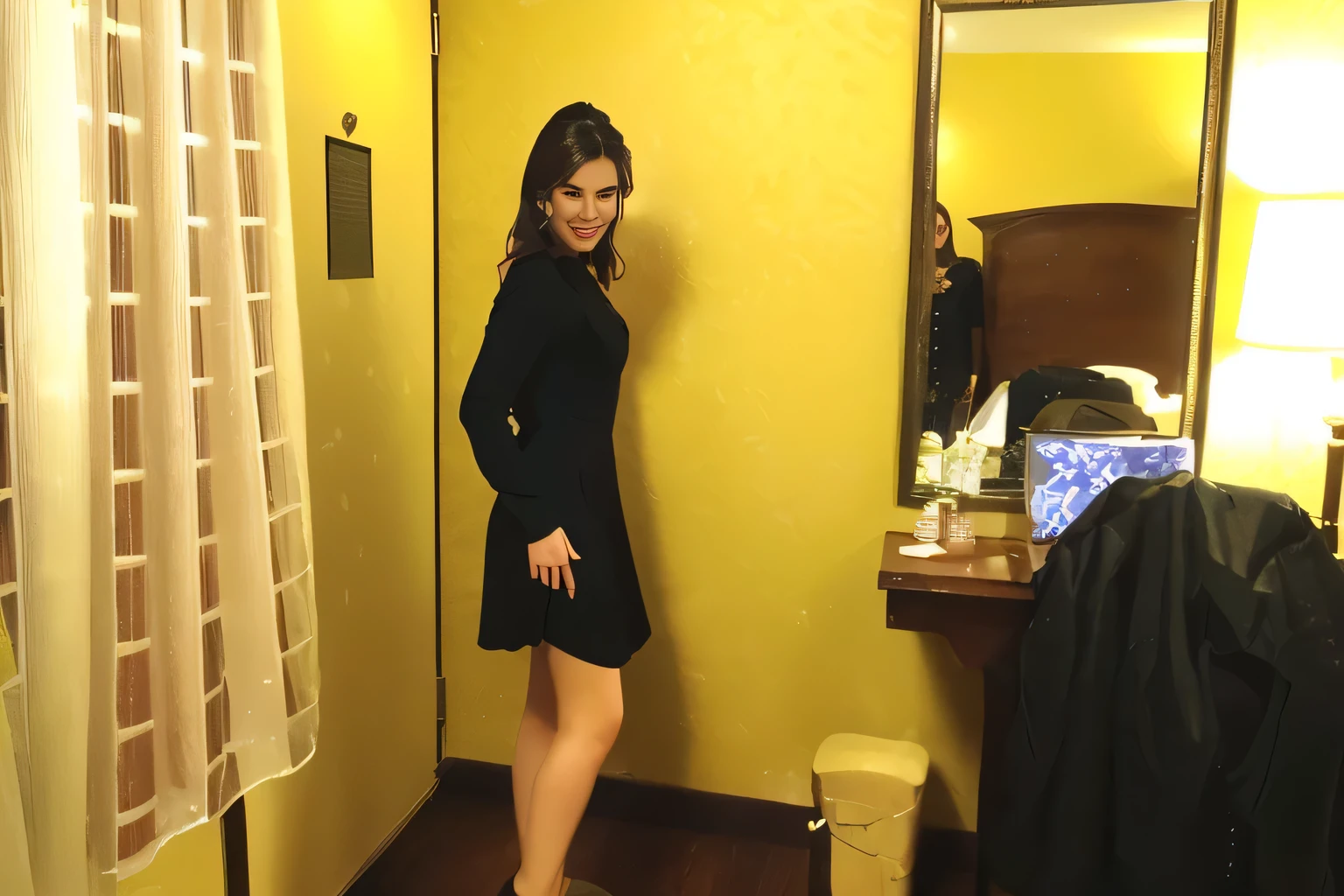 In the image, a beautiful Brazilian woman with white skin, medium-length dark brown hair, loose hair, is in a hotel room with wooden furniture and yellow walls, standing in a room with a mirror, standing in the corner of the room, standing and posing elegantly, standing in front of a mirror, wearing a black dress, side pose, full body photo, elegant pose, posing elegantly, side view of her taking steps, standing in a dimly lit room, full body. She is wearing a black dress with long sleeves and a wide skirt. The woman is posing with one hand on her hip and the other resting on her thigh. Her gaze is directed towards the camera and she has a slight smile on her face. Next to her is a floral print bag, suggesting that she might go out for the night or come home from work. The room appears to be well lit, possibly from natural light coming from outside the image frame, wearing a black dress, full pose, full body shot, wide full body shot, wearing a dark dress, striking a sassy pose, side pose , standing and posing elegantly, full body photo!!, posing!!. She is around 40 years old, 162 cm tall and weighs 56 kg. Her body exudes glamor and her face is a definition of beauty. Slender body, thin waist. Highly realistic, hyperrealism, very elaborate skin, high quality photo. Sharp Photo, High Resolution, High Quality, Masterpiece, 16K Photo, Sharp Photo, High Contrast, Masterpiece, (Photographically Realistic), NUDE, NUDITY, NFSW.