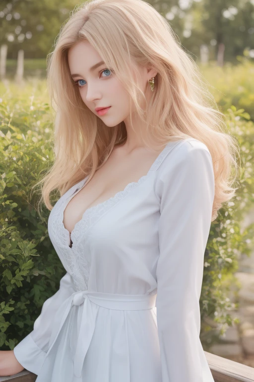 ((highest quality)), ((masterpiece)), (detailed), SLR photography、whole body、wallpaper、Attention to detail、Attention to detail、Serious look、Perfect proportions、Tight waist、Blonde Hair、Blue Eyes、Beautiful Hair、Beautiful Skin、Beautiful white skin、Glossy pink lips、russian actresasterpiece:1.3), Best image quality: 1.3, Rough hairstyles、Cleavage:1.2、Bust Size:1.2、Actively moving、Large size Y-shirt、Open chest、Watching a bonfire outdoors