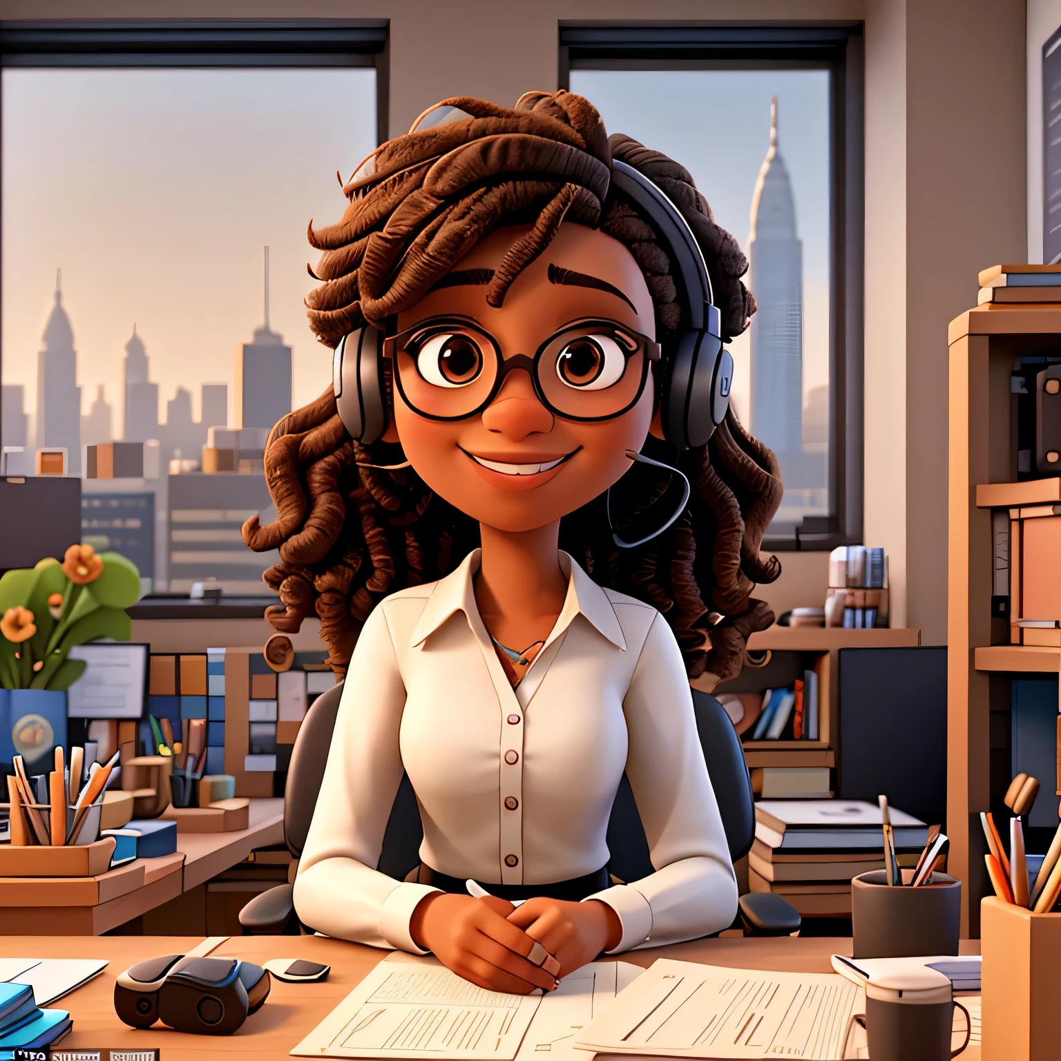 Specifics: - The avatar has light brown curly hair, black power style, and is alone in her office with glass windows showing the city in the background. - Female character with light brown skin. - The character wears large, round glasses. - She has a friendly expression with a slight smile. - The avatar is wearing a white blouse. - The background is an office with glass windows showing the city, she is sitting in her chair at an office desk with one-ear telemarketing headphones