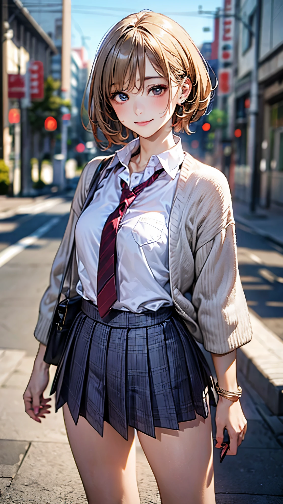 (masterpiece:1.2, top-quality), (realistic, photorealistic:1.4), beautiful illustration, (natural side lighting, movie lighting), nsfw,
looking at viewer, cowboy shot, front view:0.6, 1 girl, japanese, high school girl, perfect face, cute and symmetrical face, shiny skin,
(short hair:1.5, pixie cut:1.4, blond hair), bangs pinned back, red eyes, long eye lasher, (large breasts:0.6, thick thighs),
beautiful hair, beautiful face, beautiful detailed eyes, beautiful clavicle, beautiful body, beautiful chest, beautiful thigh, beautiful legs, beautiful fingers,
(((navy jacket), white collared shirts, grey pleated mini skirt, navy socks, brown loafer, red tie)),
(beautiful scenery), evening, riverside, standing, wave hands, (half-closed eye, lovely smile, upper eyes),