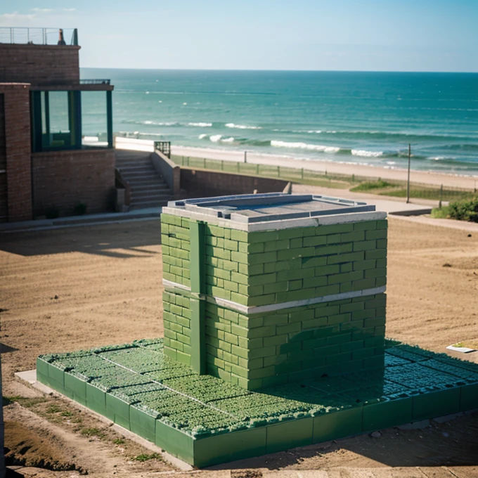 A green construction brick with the sea in the background