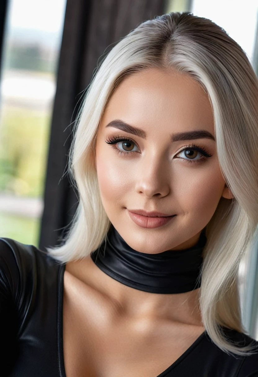 hyperrealistic beautiful busty 18-year-old women with long legs wearing bodycon leather turtleneck shirt and spandex leggins, model shooting full body photography, dyed white hair with classic bun, dark eye makeup with eyeliner, seductive smile, small necklace, 8K, Best quality, Meisterwerk, ultra high resolution, (Realismus: 1.4), Originalfoto, (realistische Hautstruktur: 1.3), (Filmkorn: 1.3), (Selfie-Winkel), 1 girl, Beautiful round hazel eyes and facial details, Meisterwerk, Best quality, looking through a patio door