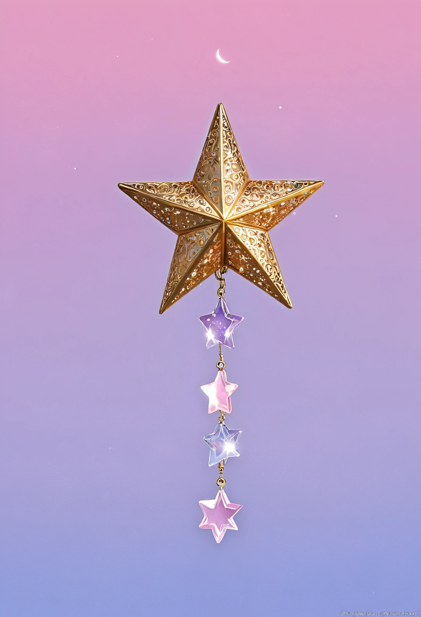 Quiero un palo de oro que en la parte superior tenga una media luna y en el medio tenga una estrella de cristal rosa y en la parte de abajo una estrella dorada 