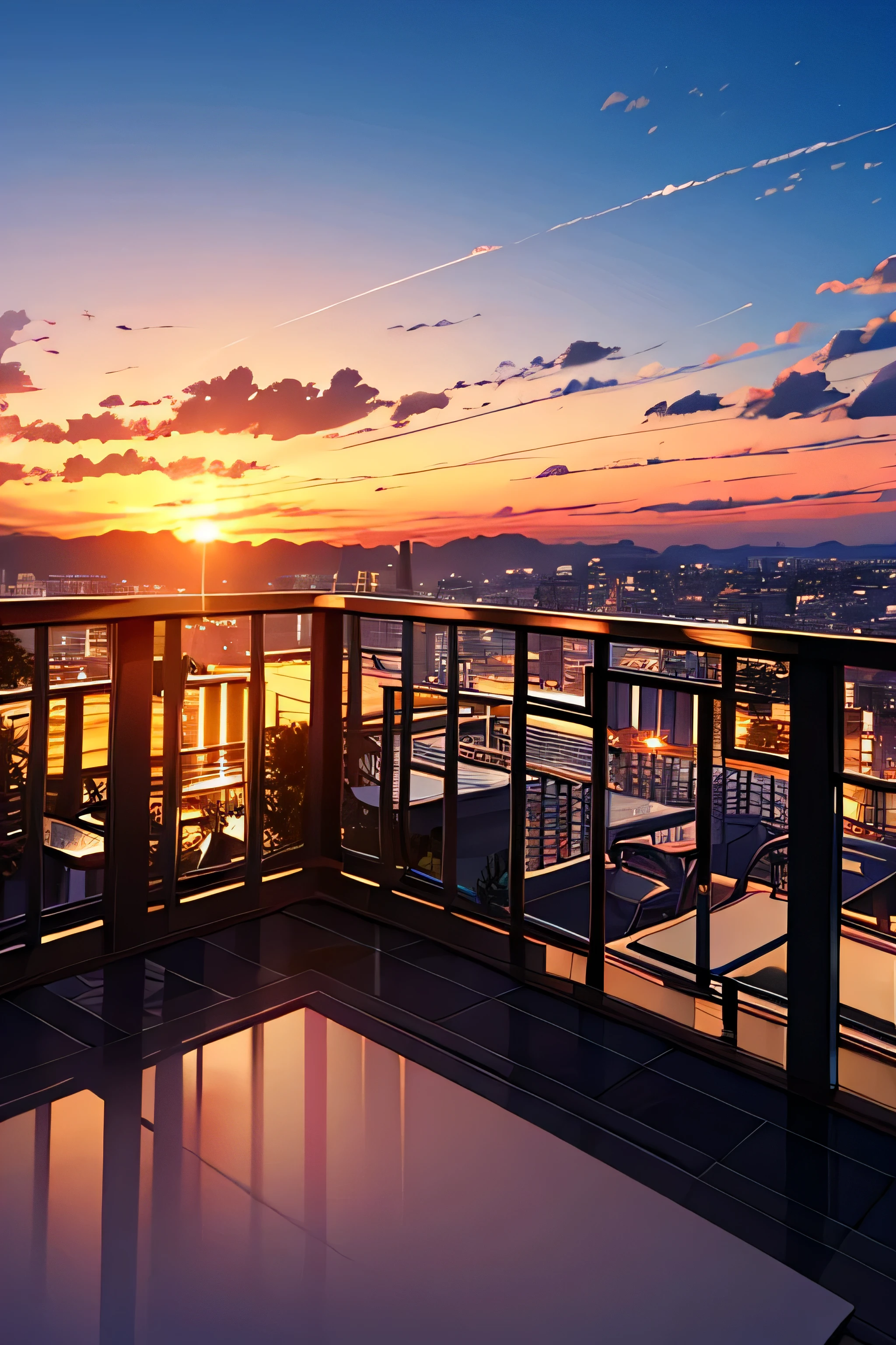 Terrace, por do sol, predios no fundo..., animation style, 2d