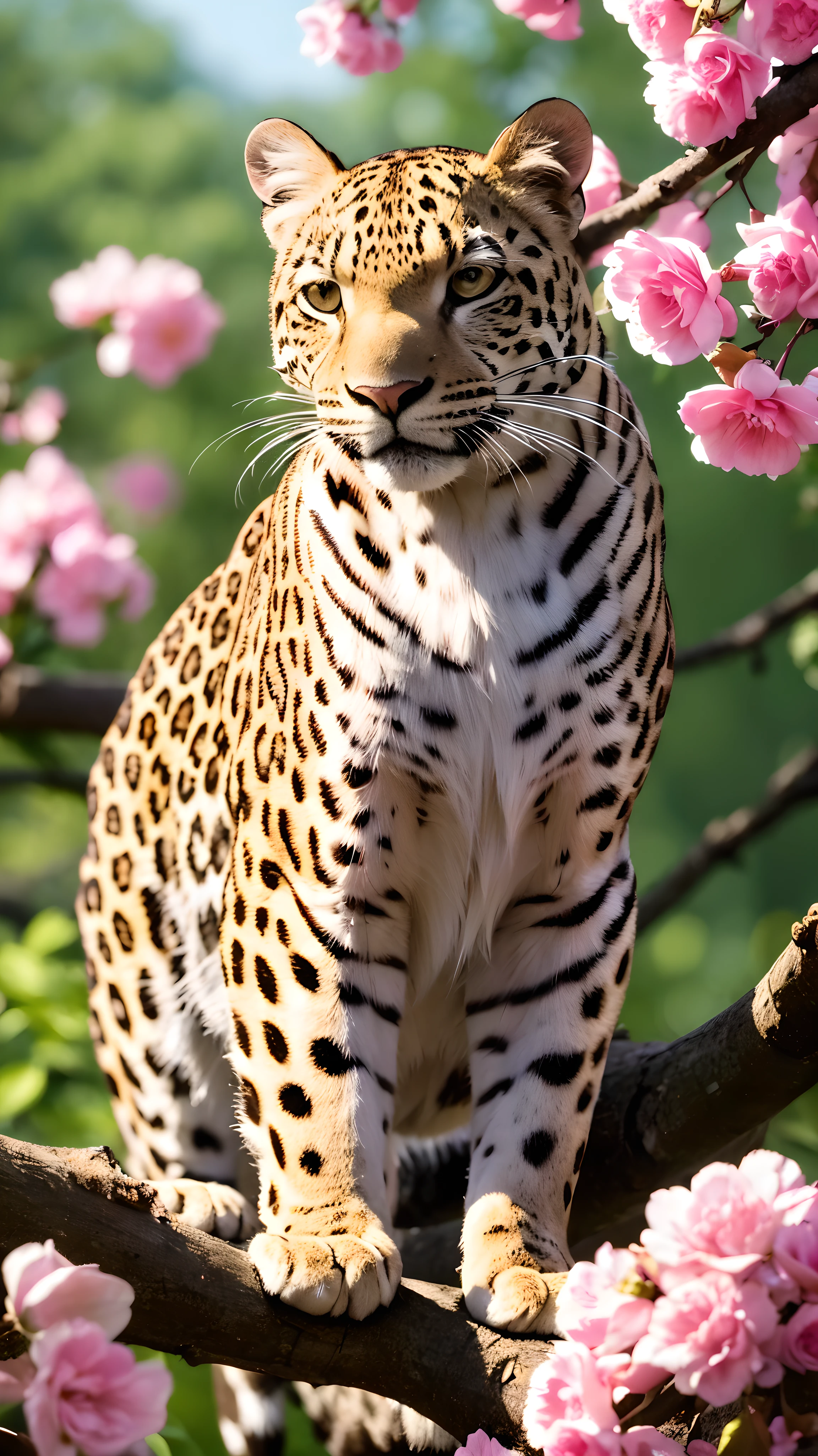one leopards standing on a tree branch with pink flowers, beautiful nature, closeup 4k, artistic 4 k, beautiful photo, photo of a beautiful 8 k detail