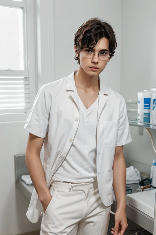 Create an image of a young male nurse who is 18 years old, tall, slim, with fair skin, and dark wavy hair with short bangs. He should be wearing white clothing, including a white shirt and white pants, along with a white lab coat. Additionally, he should be wearing round-framed glasses. The background should depict a hospital environment."