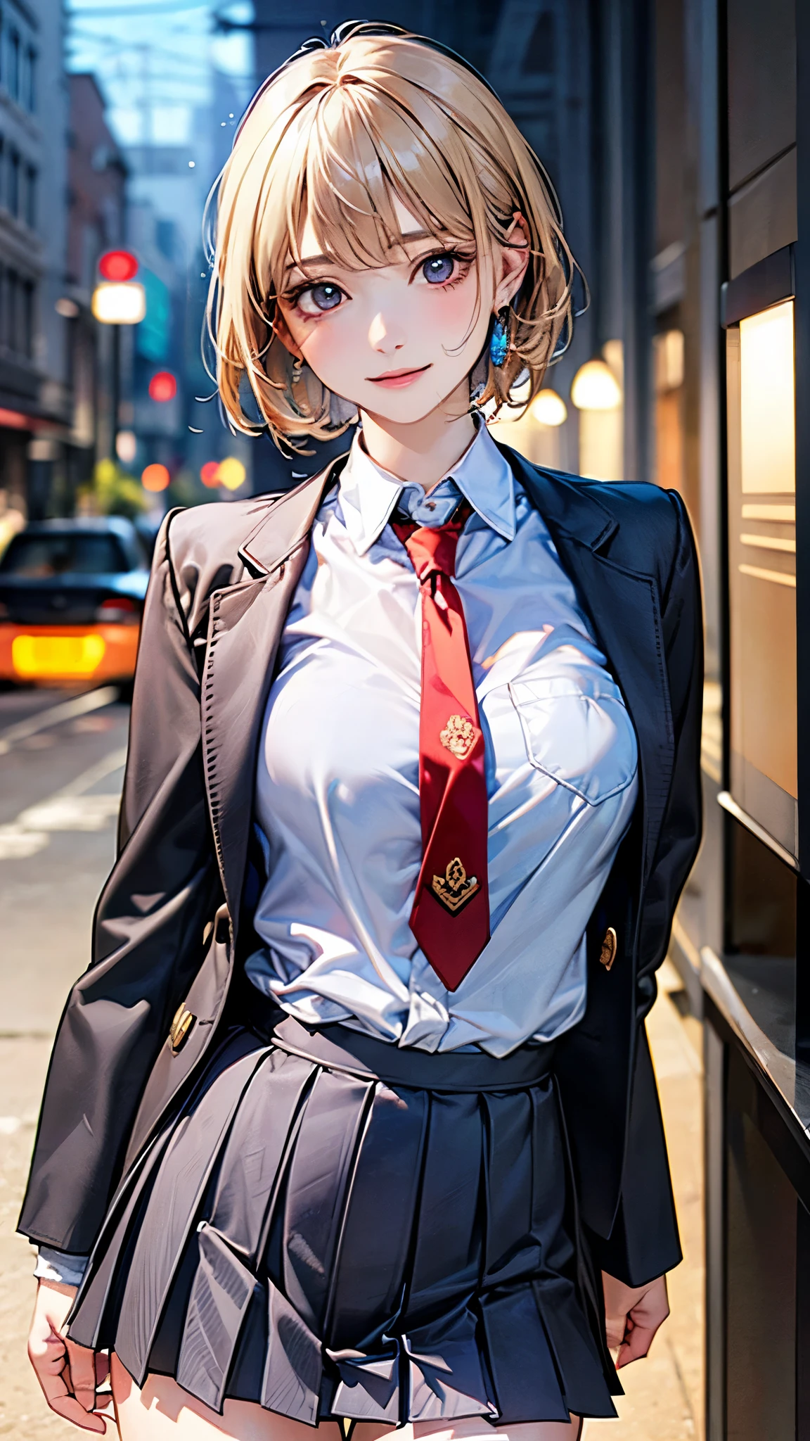 (masterpiece:1.2, top-quality), (realistic, photorealistic:1.4), beautiful illustration, (natural side lighting, movie lighting), nsfw,
looking at viewer, cowboy shot, front view:0.6, 1 girl, japanese, high school girl, perfect face, cute and symmetrical face, shiny skin,
(short hair:1.5, pixie cut:1.4, blond hair), bangs pinned back, red eyes, long eye lasher, (large breasts:0.6, thick thighs),
beautiful hair, beautiful face, beautiful detailed eyes, beautiful clavicle, beautiful body, beautiful chest, beautiful thigh, beautiful legs, beautiful fingers,
(((navy jacket), white collared shirts, grey pleated mini skirt, navy socks, brown loafer, red tie)),
(beautiful scenery), evening, riverside, standing, wave hands, (half-closed eye, lovely smile, upper eyes),