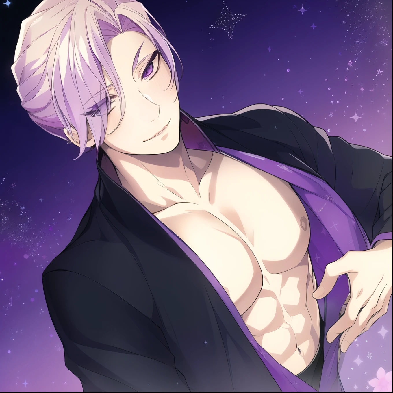 1guy, shirtless, abs, blonde hair, purple eyes, purple highlights, best quality, highres, Vil Schoenheit, soft smile, blushing, black pants, Holding red rose flower, starry night, night background, masterpiece