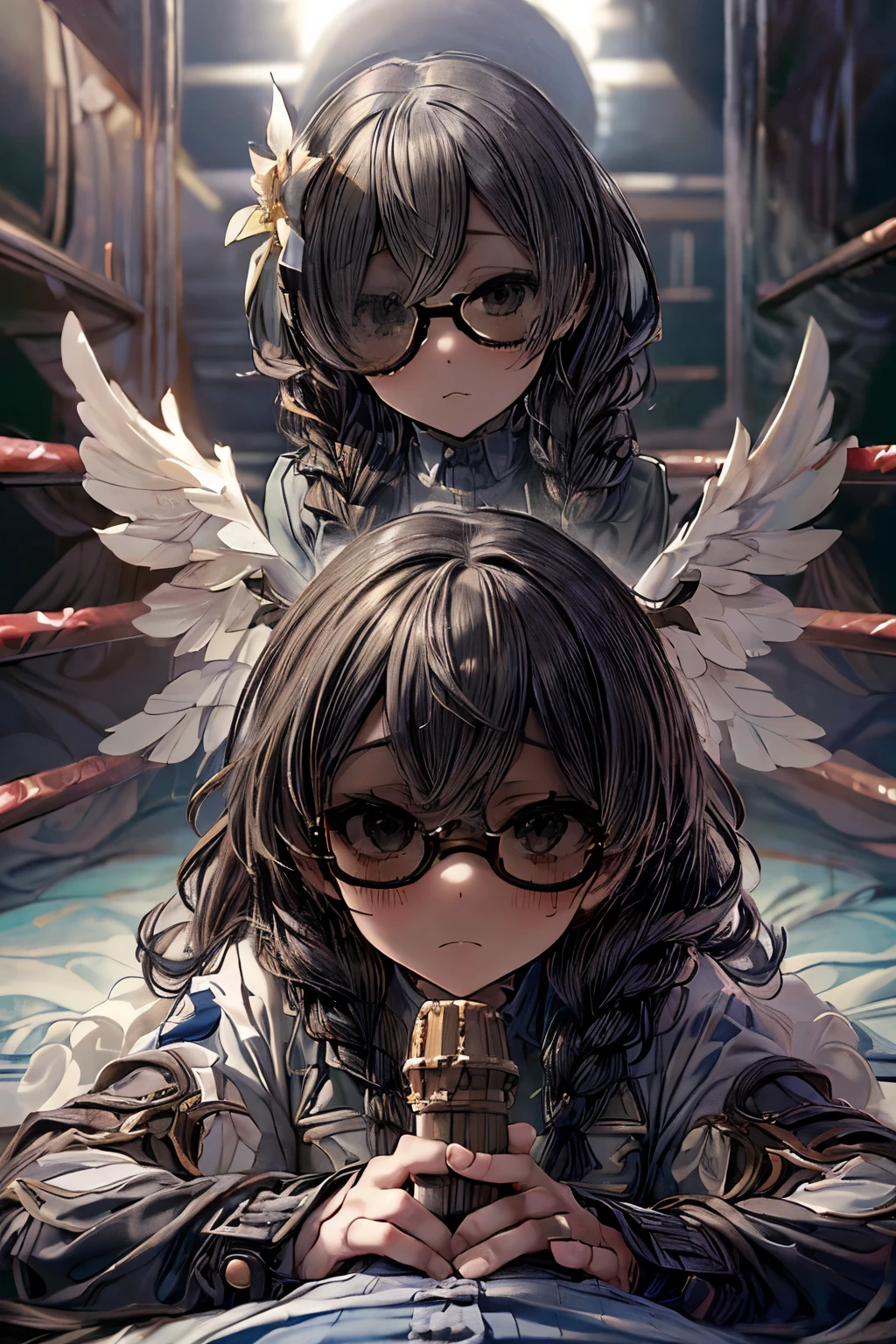 masterpiece, superfine illustration, best quality, 1girl, (1boy:1.5), (cfnm:1.3), (femdom:1.3), pov, (penis), (handjob:1.5), chifuyuperson, (hair over eyes:1.3), glasses, (wings), angelic halo, cruel, serious, expressionless, emotionless, (very tired), (trembling), (wrestling ring:1.2)