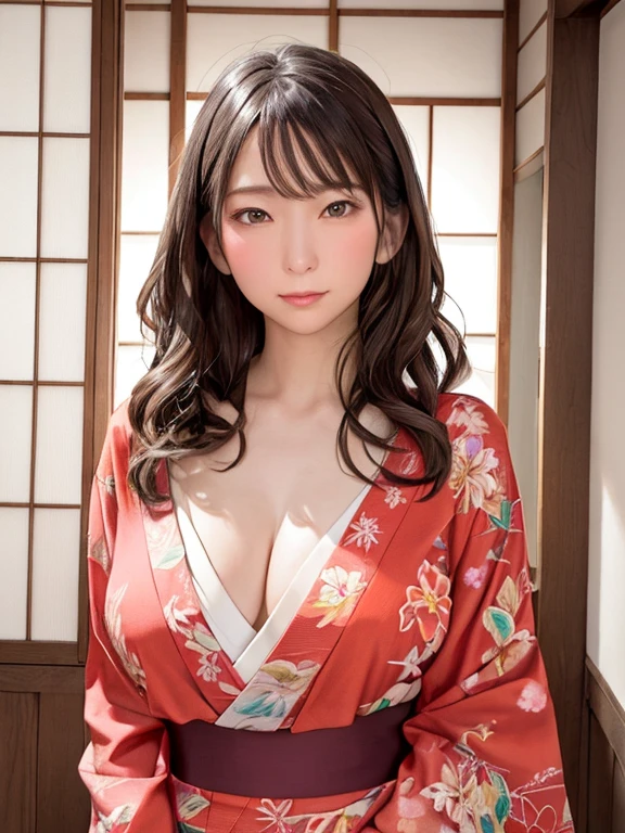 (highest quality、8k、32k、masterpiece)、(masterpiece, Latest,Exceptional:1.2), anime, One Girl,Front hair,black_hair, Beautiful 8k eyes,Looking_in_audience,One person in,Are standing,((Very beautiful woman, Fuller lips, Japanese pintern kimono))、((Colorful Japanese kimono)))、(((Medium Shot)))、blunt bungs、(High resolution)、Very beautiful face and eyes、1 girl 、Round and small face、Tight waist、delicine body、(highest quality high detail Rich skin details)、(highest quality、8k、Oil paints:1.2)、Very detailed、(Realistic、Realistic:1.37)、Bright colors、(((blackhair)))、(((longhair)))、(((cowboy pictures)))、((( Inside an old Japanese house)))、(masterpiece, highest quality, highest quality, Official Art, beautifully、beautiful:1.2), (One Girl), Very detailedな,(Fractal Art:1.3),colorful,Most detailed,Sengoku period(High resolution)、Very beautiful face and eyes、1 girl 、Round and small face、Tight waist、Delicine body、(highest quality high detail Rich skin details)、(highest quality、8k、Oil paints:1.2)、(Realistic、Realistic:1.37)、By Greg Rutkowski：Alphonse Mucha Ropp, Sunshine Lips, (cute, cute笑顔, Upward glance), , (Heavy chest:1.1, ), Huge breasts), (Heavy chest:1.1, ),,, 鈍い前hair, 、、((See through)),,汗in濡れた,,