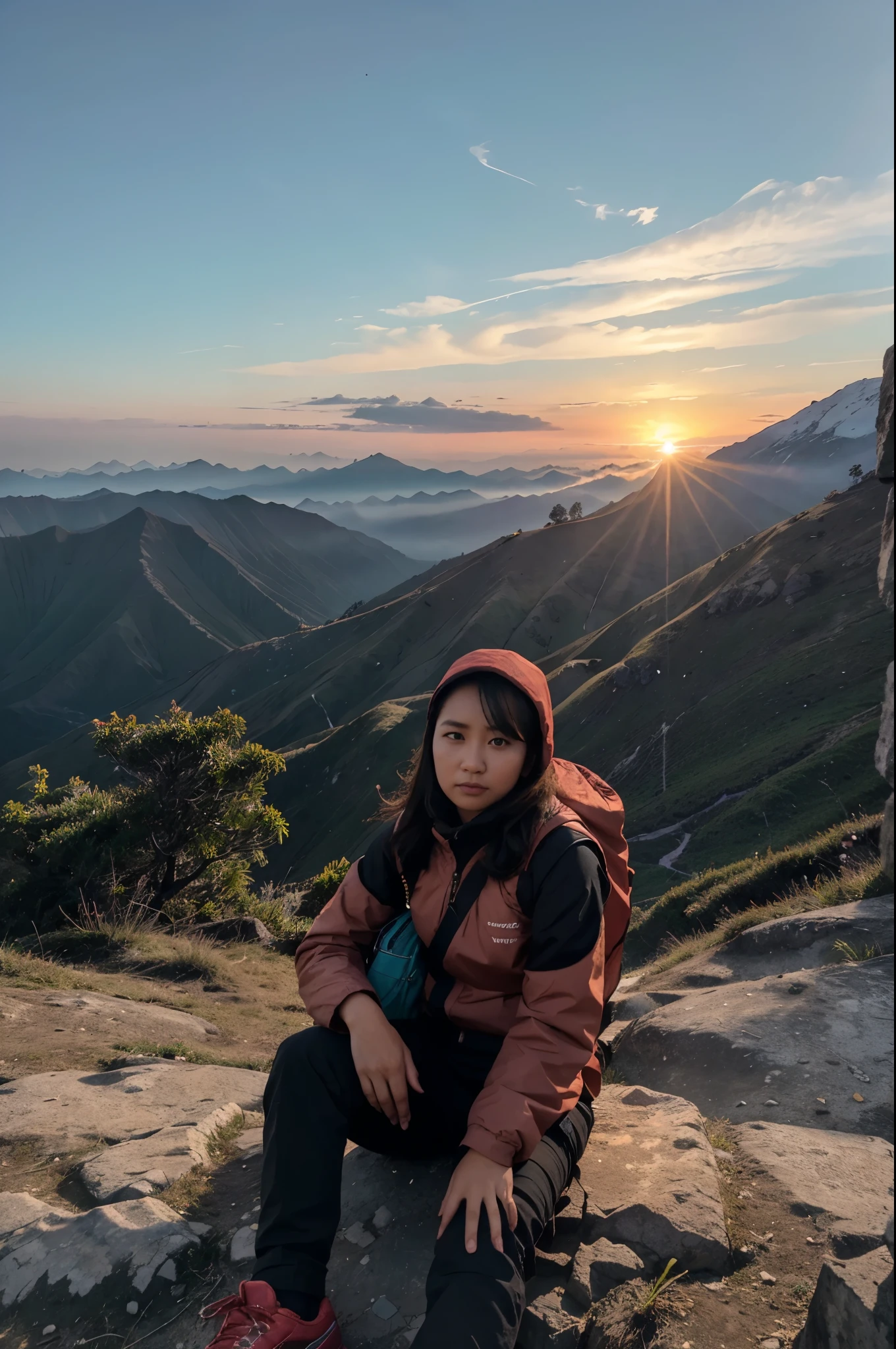 Perempuan berkulit sawo matang yang sedang bersedih di puncak gunung dengan langit senja sore, memakai pakain seperti petualang atau pendaki gunung membawa tas ransel besar memakai sepatu gunung