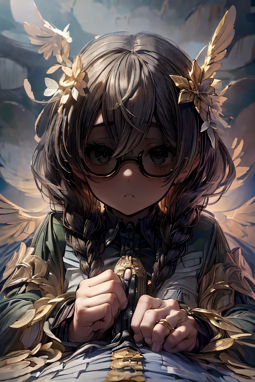 masterpiece, superfine illustration, best quality, 1girl, (1boy:1.5), (cfnm:1.3), (femdom:1.3), pov, (penis), (handjob:1.5), chifuyuperson, (hair over eyes:1.3), glasses, (wings), angelic halo, cruel, serious, expressionless, emotionless, (very tired), (trembling), (wrestling ring:1.2)