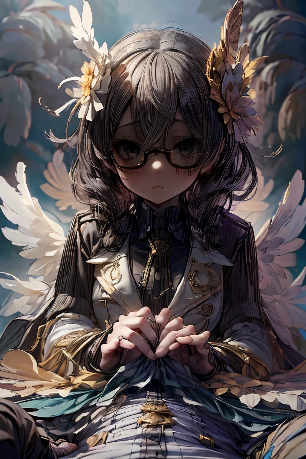 masterpiece, superfine illustration, best quality, 1girl, (1boy:1.5), (cfnm:1.3), (femdom:1.3), pov, (penis), (handjob:1.5), chifuyuperson, (hair over eyes:1.3), glasses, (wings), angelic halo, cruel, serious, expressionless, emotionless, (very tired), (trembling), (wrestling ring:1.2)