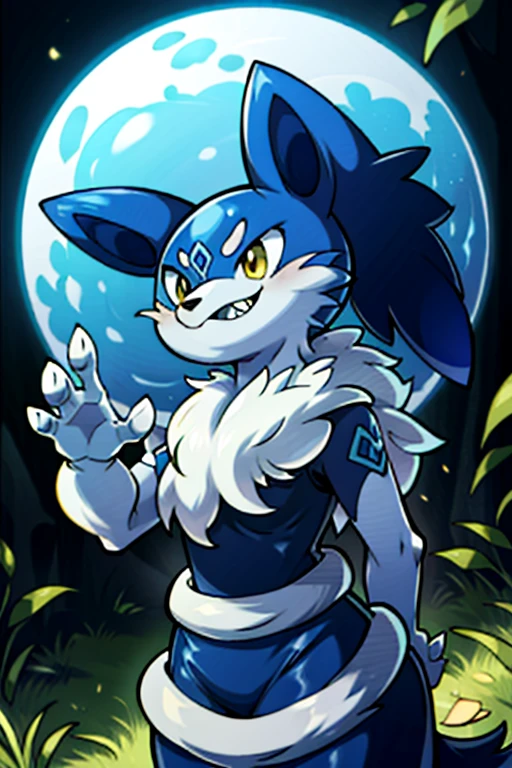 masterpiece, best quality, SFW, (safe for work),wide shot,1Digimon, solo, sharp teeth, wide mouth, data type digimon, blue, (A wolf-like digimon, with spotted fur),digimon style,(champion level digimon), dark forest background