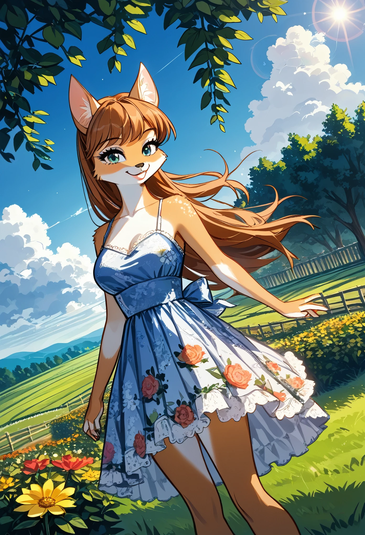 anime key visual, highres, High-quality illustrations, unparalleled masterpiece(movie of life)nature inspired imagery, romanticized views, lively illustrations, whimsical cartoonish, farm, Blue sky, clouds, florals Beautiful garden(furry anthro, solo, girl, casual fashion, Relux pose, Smile)absurdres, perfect anatomy, caustics, cinematic lighting, lens flare, deep shadow, dynamic angle,