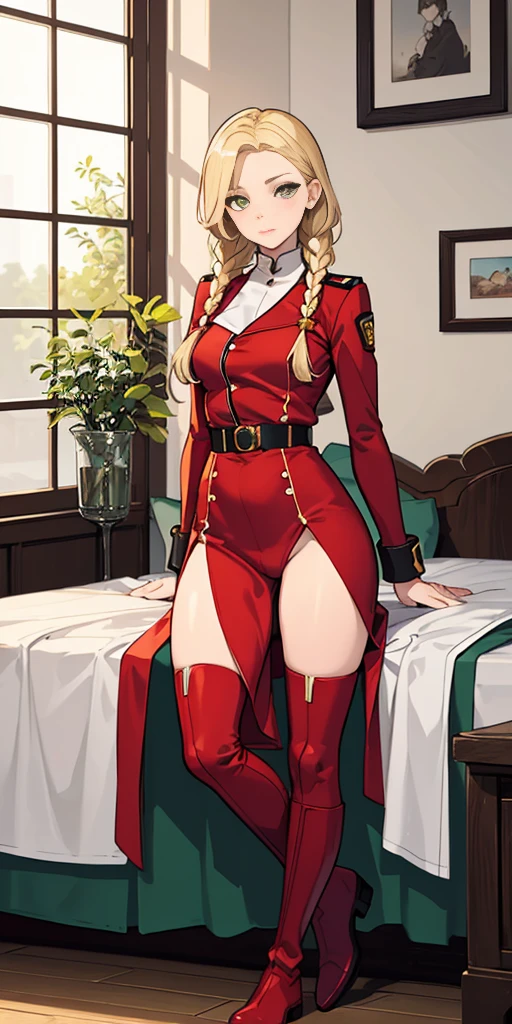 masterpiece, best quality, Cammy White blonde messy hair with 2 braids, green eyes, red bennie, sitting full body on bed clenched fists hands on waist, strong abs, leather collar choker, leather corset, red cheeks smile closed, red military boots, red bootstraps, red gloves gauntlets cover fingertips