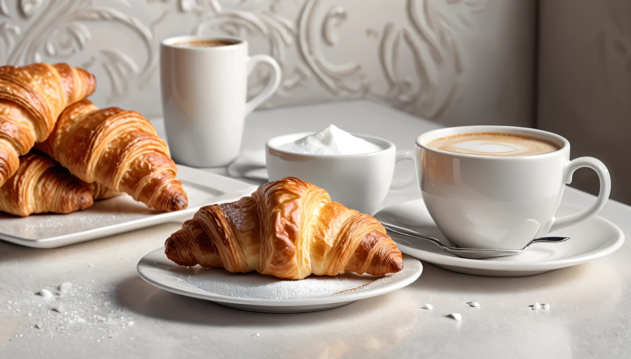 a table with a white cup of creamy expresso coffee, a croissant. a glass of water, sugar, beautiful composition, ((masterpiece))),(best quality),((ultra-detailed)),professional. natural lighting, amazing composition , Masterpiece, Ultra High Resolution