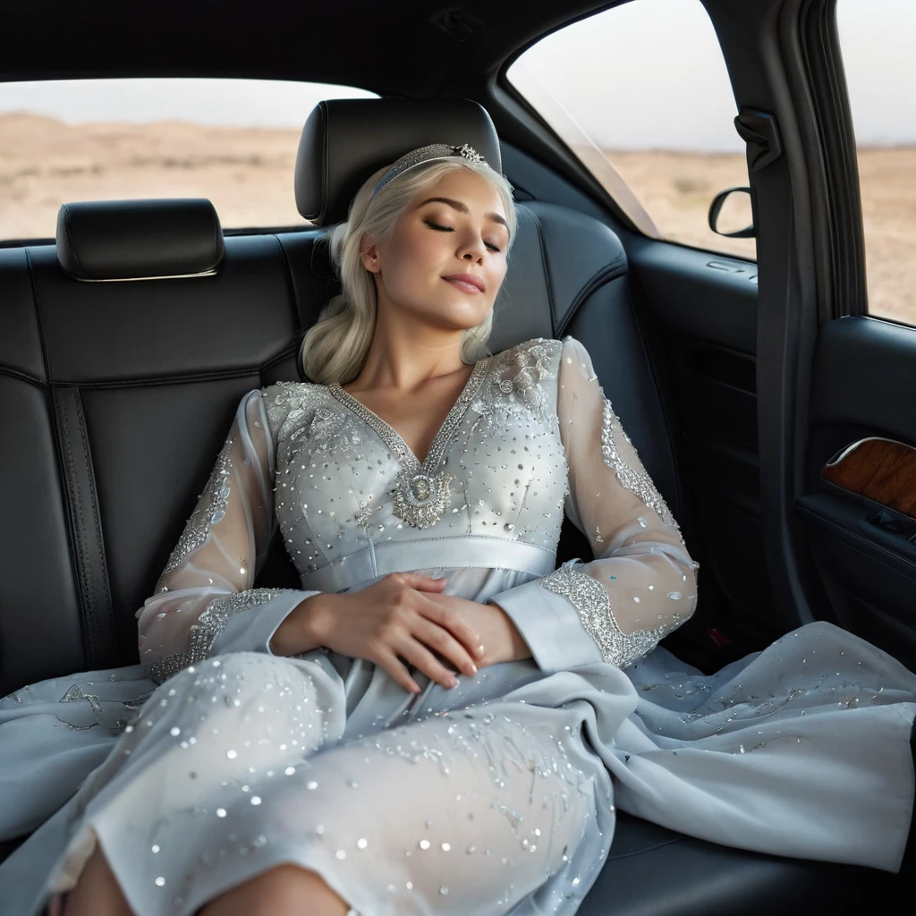 ((Masterpiece)), ((Best Quality)), 8K, HD, Super Detail, (topless nurse), (sheer nightdress studded with yellow gold rims), (silver hair shawl scattered), (Expression closed eyes) (Sleeping in a car 1.6) (Full Body Display 1.4) The artwork is a masterpiece, with the best quality and super detail, captured in 8K HD. Photographic realistic, realistic, very detailed illustrations realistic, octane rendering