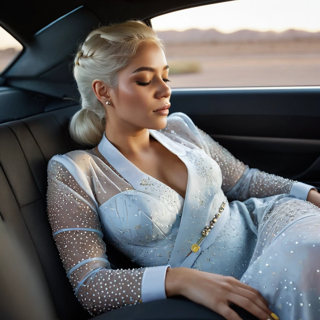 ((Masterpiece)), ((Best Quality)), 8K, HD, Super Detail, (topless nurse), (sheer nightdress studded with yellow gold rims), (silver hair shawl scattered), (Expression closed eyes) (Sleeping in a car 1.6) (Full Body Display 1.4) The artwork is a masterpiece, with the best quality and super detail, captured in 8K HD. Photographic realistic, realistic, very detailed illustrations realistic, octane rendering