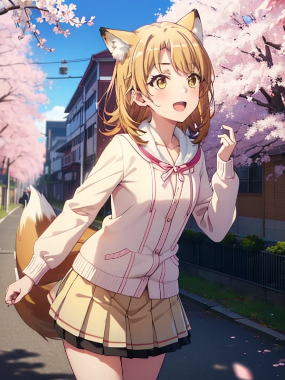 irohaisshiki, iroha isshiki, long hair, brown hair, (brown eyes:1.5), happy smile, smile, open your mouth,short braided hair,ponytail,animal ears fox ears,animal tail Fox tail oversized pink hoodie,yellow pleated long skirt,white pantyhose,Mini Boots,walking,Cherry blossom tree-lined path,cherry blossoms are blooming,Cherry blossoms are scattered,Looking up from the afternoon,
break outdoors, garden,
break looking at viewer, Upper body,(cowboy shot:1. 5)
break (masterpiece:1.2), highest quality, High resolution, unity 8k wallpaper, (figure:0.8), (beautiful deしっぽed eyes:1.6), extremely deしっぽed face, perfect lighting, extremely deしっぽed CG, (perfect hands, perfect anatomy),