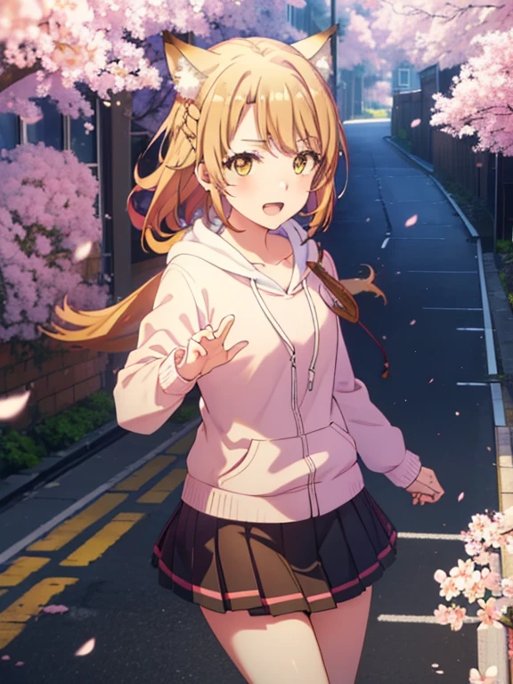 irohaisshiki, iroha isshiki, long hair, brown hair, (brown eyes:1.5), happy smile, smile, open your mouth,short braided hair,ponytail,animal ears fox ears,animal tail Fox tail oversized pink hoodie,yellow pleated long skirt,white pantyhose,Mini Boots,walking,Cherry blossom tree-lined path,cherry blossoms are blooming,Cherry blossoms are scattered,Looking up from the afternoon,
break outdoors, garden,
break looking at viewer, Upper body,(cowboy shot:1. 5)
break (masterpiece:1.2), highest quality, High resolution, unity 8k wallpaper, (figure:0.8), (beautiful deしっぽed eyes:1.6), extremely deしっぽed face, perfect lighting, extremely deしっぽed CG, (perfect hands, perfect anatomy),