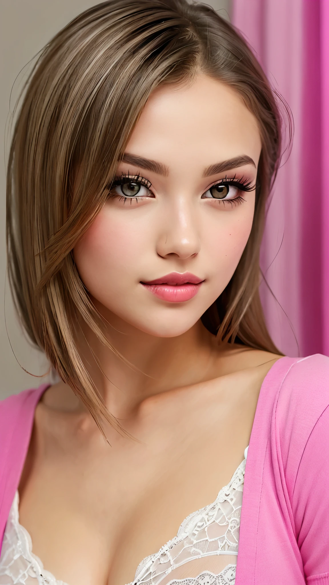 beautiful girl, brown eyes, beautiful slim age girl 25 year old woman, hair color [blonde highlights hair], [undercut pixie] hair, lips, realistic, narrow waist, charming, pink lipstick, colorful makeup, long eyelashes, fair skin, (cute), (detailed face), detailed eyes, detailed iris, (large breasts:1.2), (miniskirt, shirt, cleavage)