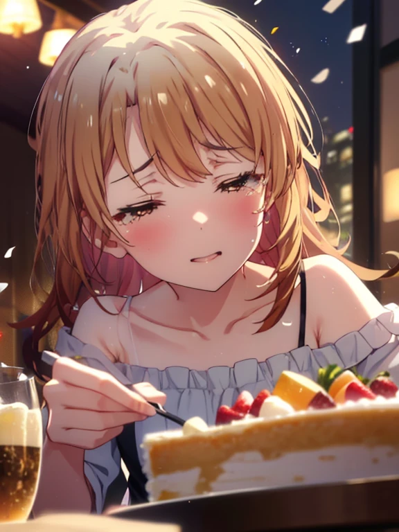 irohaisshiki, iroha isshiki, long hair, brown hair, smile,blush,open your mouth,close both eyes,tears run down her face,Crying with joy,cry a lot,white off shoulder dress,bare clavicle,bare shoulders,naked neck,long skirt,stiletto heels,A large cake, food, and ring case are placed on the table.,sitting in a chair,confetti,Romantic atmosphere break indoors, A restaurant with a beautiful night view,
break looking at viewer,
break (masterpiece:1.2), highest quality, High resolution, unity 8k wallpaper, (figure:0.8),  highly detailed face, perfect lighting, Very detailed CG, (perfect hands, perfect ???????),
