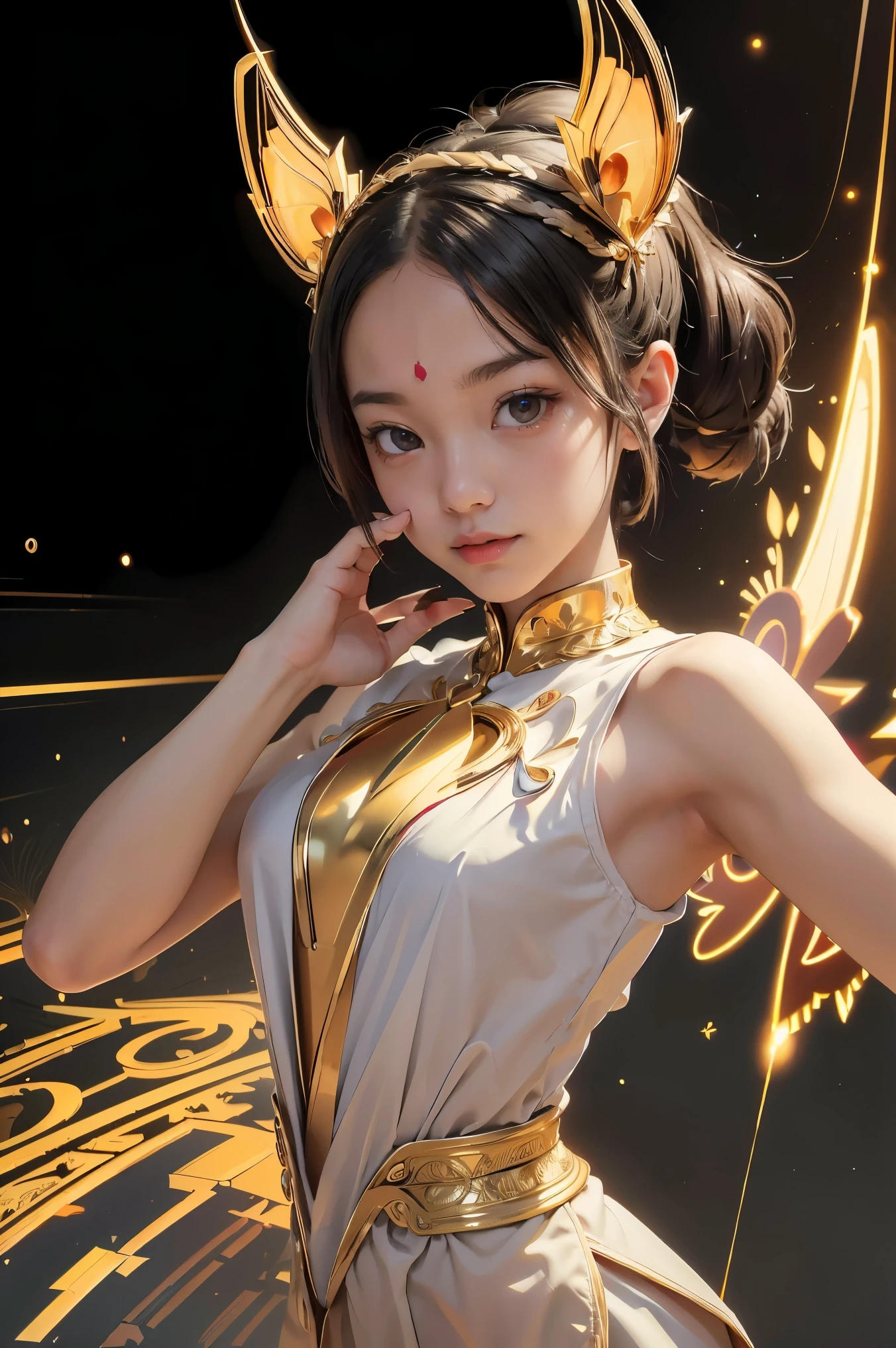 (Masterpiece, Highest quality, best quality, official art, beautiful and beautiful:1.2), (1 girl:1.3), Extremely detailed,(fractal art:1.2),colorful,Maximum details,( neonเซนมุม:1.2), (dynamic poses), (neonพื้นหลังแบบนามธรรม:1.5), (traditional outfit:1.2), (Shiny skin), (many colors:1.4), upper body ,neon,16k,Full HD