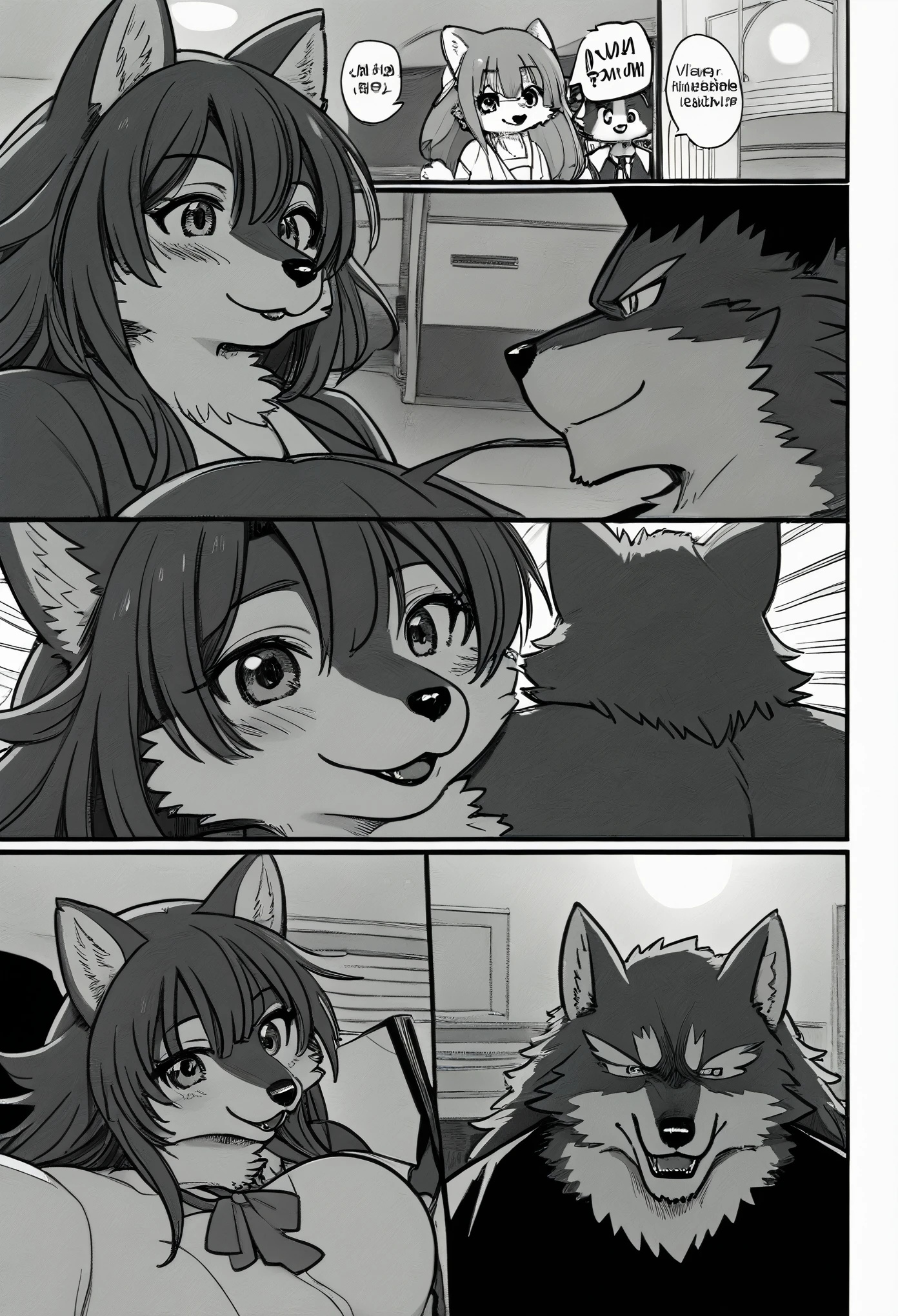 top quality, best quality, highres, unparalleled masterpiece, perfect artwork, paid reward available, indoor, couple of comics(super cute 1girl, 1wolf, kemono, furry anthro)tumblr, sosaku hanga, black and white manga page, manga page, doujin, ddlc, anime, comedy comic, black and white manga panel, zerochan,