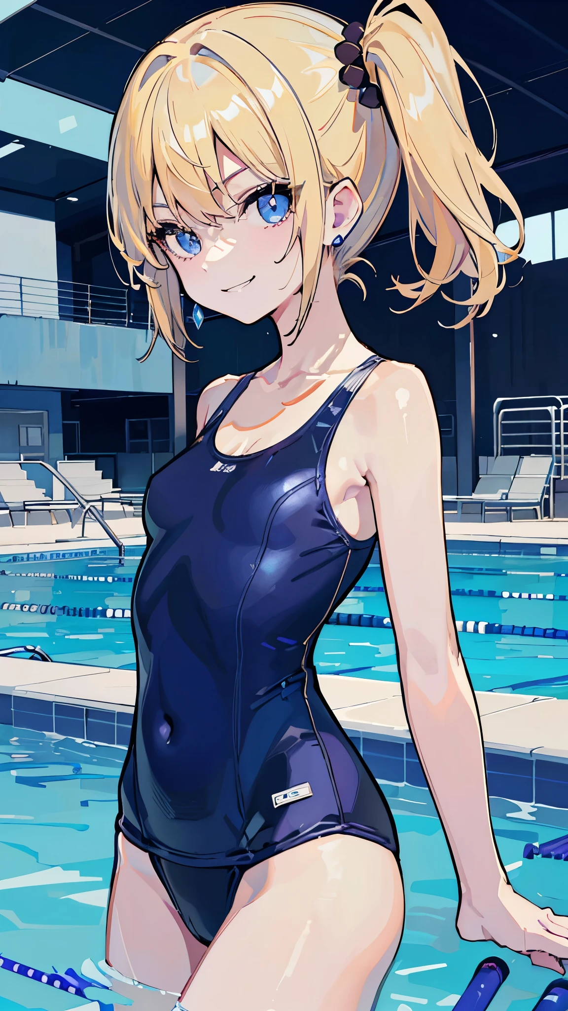 (8k、Best image quality、highest quality、masterpiece)、Detailed face、One girl、Blonde、short hair、Side Ponytail、Blue eyes、((evil smile))、Earrings、Small breasts、((dark blue school swimsuit))、Cowboy Shot、Hide your arms behind your back、Shoot from the front、Pool Background
