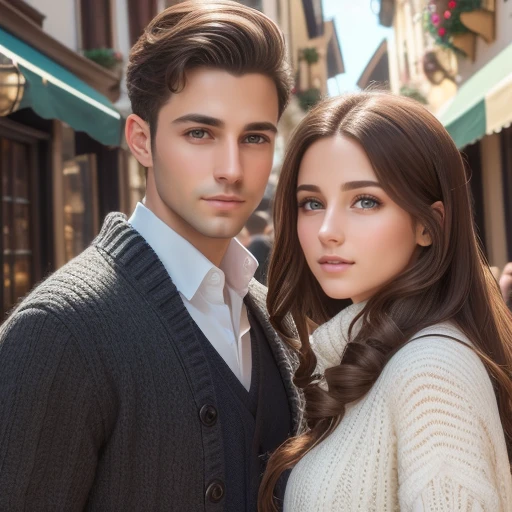 a young jewish man and woman with light brown hair, in a quaint shopping village street, wearing black pants, white dress shirts, and closed vests, (best quality,4k,8k,highres,masterpiece:1.2),ultra-detailed,(realistic,photorealistic,photo-realistic:1.37),cinematic lighting,highly detailed facial features,beautiful detailed eyes,beautiful detailed lips,extremely detailed eyes and face,long eyelashes,intricate clothing textures,cobblestone street,small shops and storefronts,warm afternoon sunlight,vibrant colors