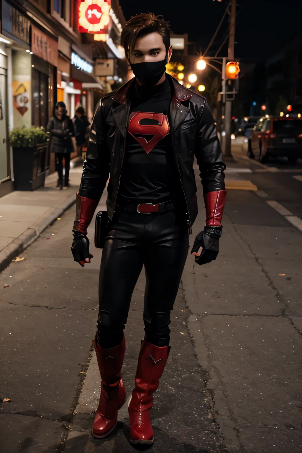 Male, superhero, red and black spandex, black jacket, brunette hair, black domino mask, teenage male, red boots, brown fingerless gloves.