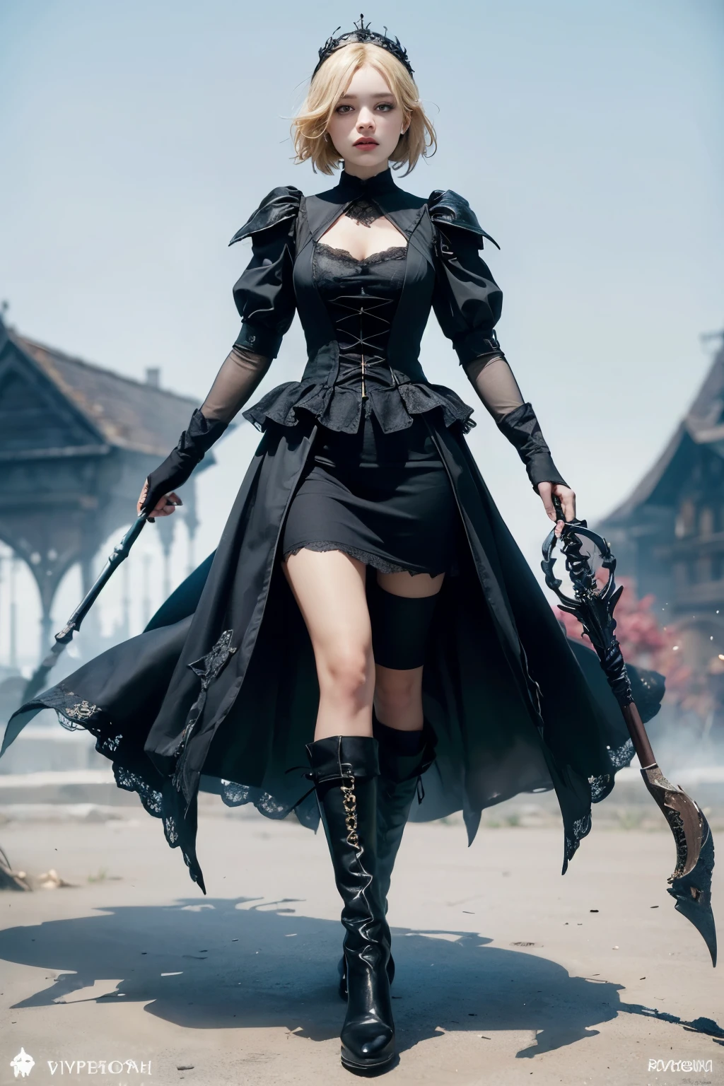 mpts
Copy
A female knight,Melon seed face,Yellow hair,diadems, hyper HD, Wide-angle, Bokeh, Wide-angle, 1080p, High details, High quality, Masterpiece, white background, bloodborne inspired, bloodborne, plain white background, gothic attire, gothic, occult aesthestic, occult, whole body, full body, body, mourning wear