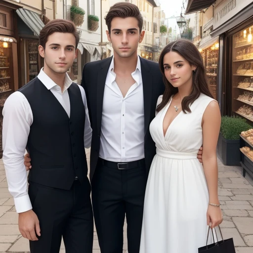 Young Jewish men and women with light brown hair, in a shopping village, wearing black pants, a white dress shirt, with a closed vest, Focus on the character and the setting.