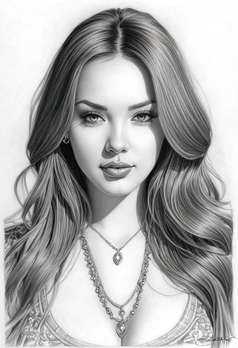 sexyToon, 8k, a drawing of a woman with long hair and a necklace, realistic sketch, pencil drawing, girl portrait, realism drawing, pencil drawing, solo portrait, professional sketch, art sketch, no shading, artistic drawing , pencil drawing, self - portrait!!!!, highly detailed portrait, black and white sketch, portrait!!!!!!, sketched