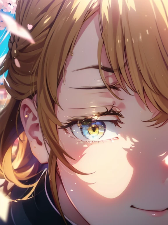 irohaisshiki, iroha isshiki, long hair, short braided hair,ponytail,brown hair, (brown eyes:1.5), smile,yellow muffler,pink long coat　There is space in front,white sweater,black long skirt,black pantyhose,short boots,Big tears are running down her face,Crying with joy,cry a lot,A piece of paper with a large number of numbers written on it is pasted on the bulletin board in front of the school building.,happy crowd,cherry blossoms are blooming,Cherry blossoms are scattered,pink scenery,Announcement of university results,have a piece of paper with numbers written on it,
break outdoors, University buildings,
break looking at viewer,
break (masterpiece:1.2), highest quality, High resolution, unity 8k wallpaper, (figure:0.8), (detailed and beautiful eyes:1.6), highly detailed face, perfect lighting, Very detailed CG, (perfect hands, perfect anatomy),