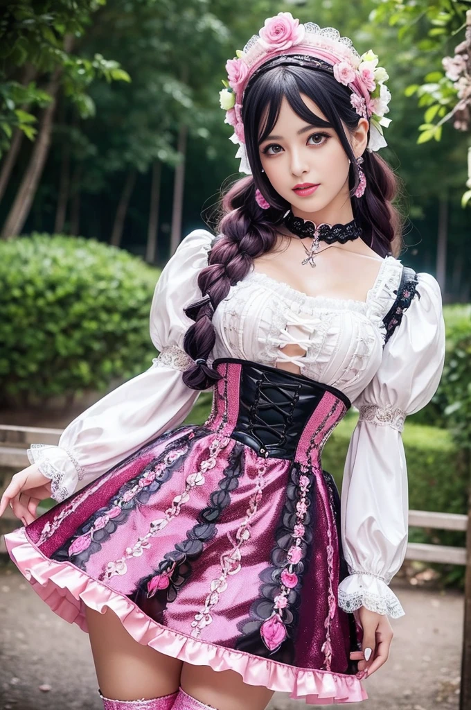 sexy stylish Swedish model, only 1 female, ((doll-like appearance)), long neon pink stylish hair, ((shiny Victorian-Style boots)), beautiful smile, ultra detailed eyes, vivid eye makeup, lipgloss, long lashes, defined eyebrows, ((sexy Paradise Kiss cosplay)), bell-shaped skirt, petticoats, high neckline, puffed sleeves, (( ultra detailed lace)), ((ultra detailed embroidery)), intricate details, Paradise Kiss accessoires and matching headpiece, choker, ((large sparkling Paradise Kiss jewelry)), cinematic light, detailed large park background with trees 
