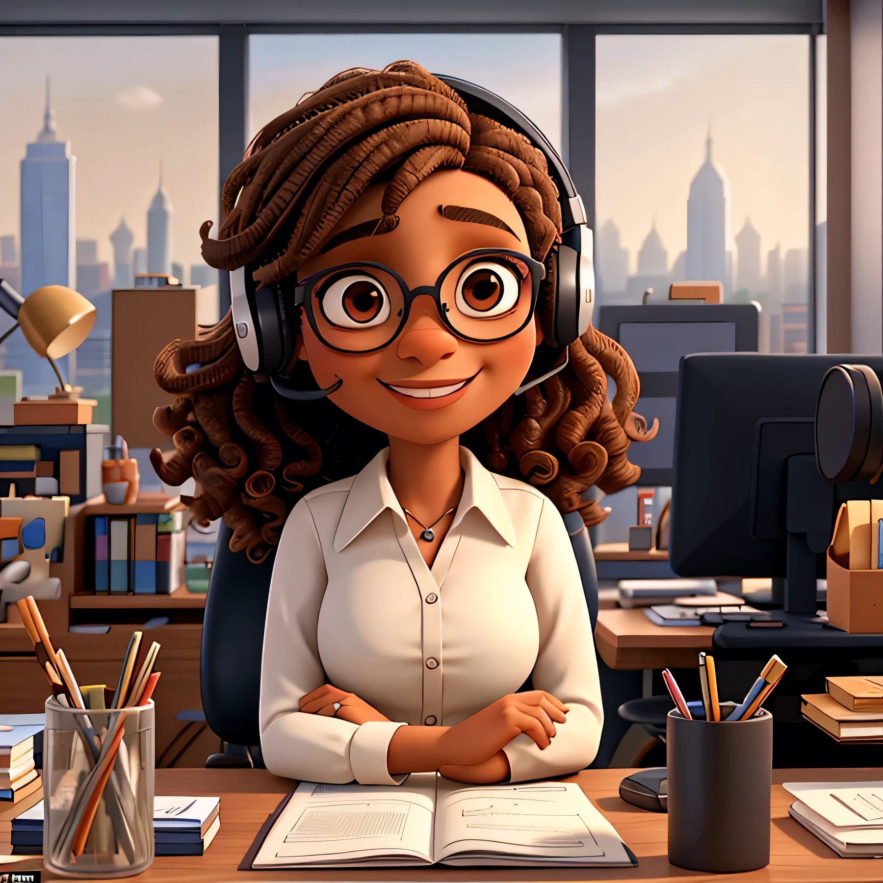 Specifics: - The avatar has light brown curly hair, black power style, and is alone in her office with glass windows showing the city in the background. - Female character with light brown skin. - The character wears large, round glasses. - She has a friendly expression with a slight smile. - The avatar is wearing a white blouse. - The background is an office with glass windows showing the city, she is sitting in her chair at an office desk with one-ear telemarketing headphones