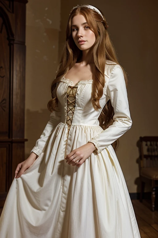Beautiful and romantic style，medieval dress，red white 8：2，Long flowing golden hair