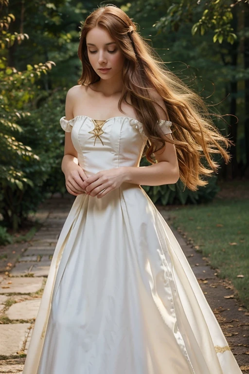 Beautiful and romantic style，medieval dress，red white 8：2，Long flowing golden hair