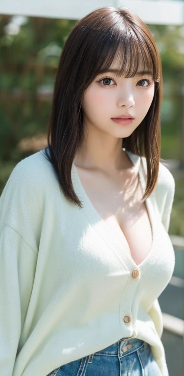 masterpiece, highest quality, 8k, 20th generation, Big Breasts, cute, alone, sad, cute, Girlish,cute 繊細な女の子, cute、Pure beauty,  RAW Photos, Professional photography, Portraiture, Soft Light, Professional Lighting, Backlight, avert your eyes, Sophisticated, Film Grain, (Eye and facial details:1.0), Round face、Floating Hair, beautiful, Flowing hair, Asymmetrical bangs、(Big Breasts:1.0)、White cut and sew、pastel cardigan、Micro Mini Skirt、Voluptuous thighs、dolly make、Heterochromia iridis、Midsummer sky、Cumulonimbuidsummer Beach