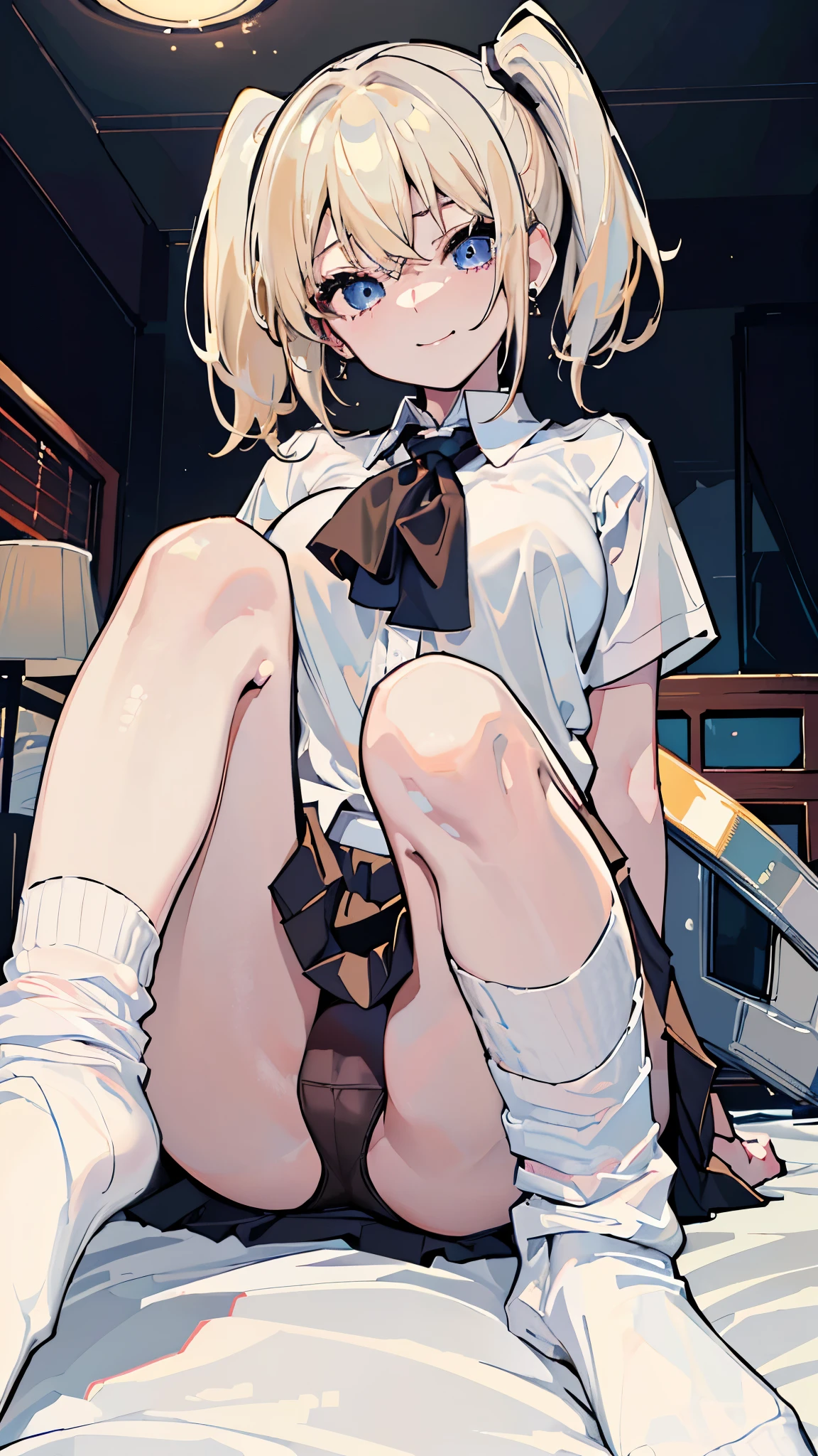 (8k、Best image quality、highest quality、masterpiece)、Detailed face、One girl、Blonde、short hair、Side Ponytail、Blue eyes、evil smile、Earrings、Large Breasts、((White collared shirt))、Short sleeve、((Black pleated skirt))、((white baggysocks))、((black panties))、sitting、knees up、On the bed、Shoot from below、Bedroom Background