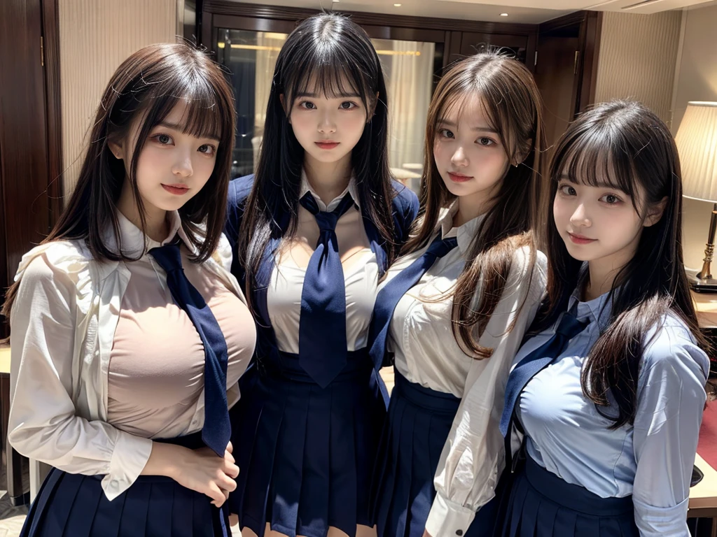 (8K, Raw photography, top-quality, masterpiece:1.2), ((3 beatiful girls))、.(Realistic Skins 1.4)、(((female high-school student、School Uniforms、)))、{{(The background is a luxury hotel room}}((School Uniforms、white Cutter shirt、darkblue pleatedskirt))、((long hair))、((One has short hair)),(A dark-haired、The forehead is hidden by bangs、)、Black eyes、shinny skin.Beautiful delicate face、Beautiful delicate eyes、{Voluptuous body shape、Thicker thighs}、One piercing in each ear,((large breasts)), ((navy blue tie)) ,looking at camera, ((close up))