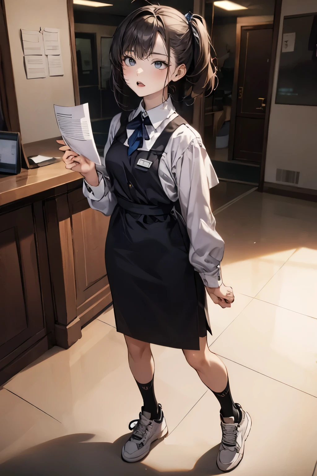 a receptionist woman, rugged sneakers, tiny earrings, bringing some documents,
