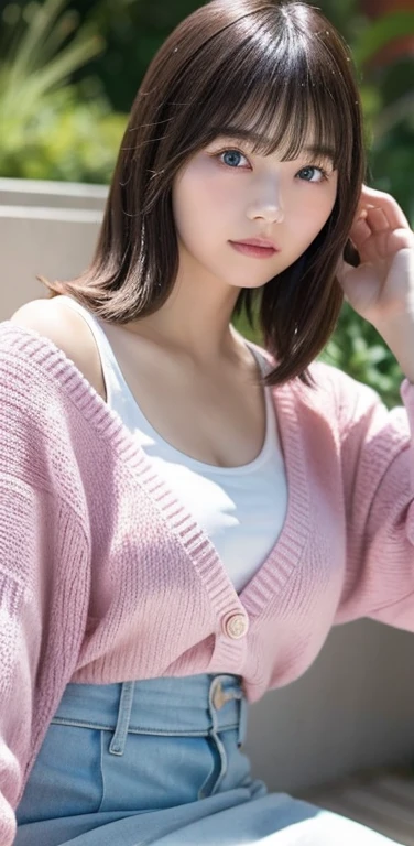 masterpiece, highest quality, 8k, 20th generation, Big Breasts, cute, alone, sad, cute, Girlish,cute 繊細な女の子, cute、Pure beauty,  RAW Photos, Professional photography, Portraiture, Soft Light, Professional Lighting, Backlight, avert your eyes, Sophisticated, Film Grain, (Eye and facial details:1.0), Round face、Floating Hair, beautiful, Flowing hair, Asymmetrical bangs、(Big Breasts:1.0)、White cut and sew、pastel cardigan、Micro Mini Skirt、Voluptuous thighs、dolly make、Heterochromia iridis、Midsummer sky、Cumulonimbuidsummer Beach