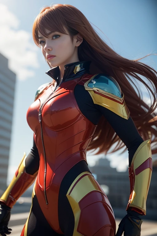 Asuka Langley Soryu in yellow and blue armor, inspired by the concept of a futuristic action movie, daz3d, studio lighting, Dramatic, Realistic lighting, 16k, post-production, perfect result, realistic, set. long red hair