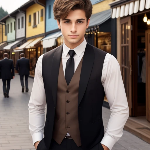 young Jewish men with light brown hair, in a shopping village, wearing black pants, a white dress shirt, with a closed vest, Focus on the character and the setting.