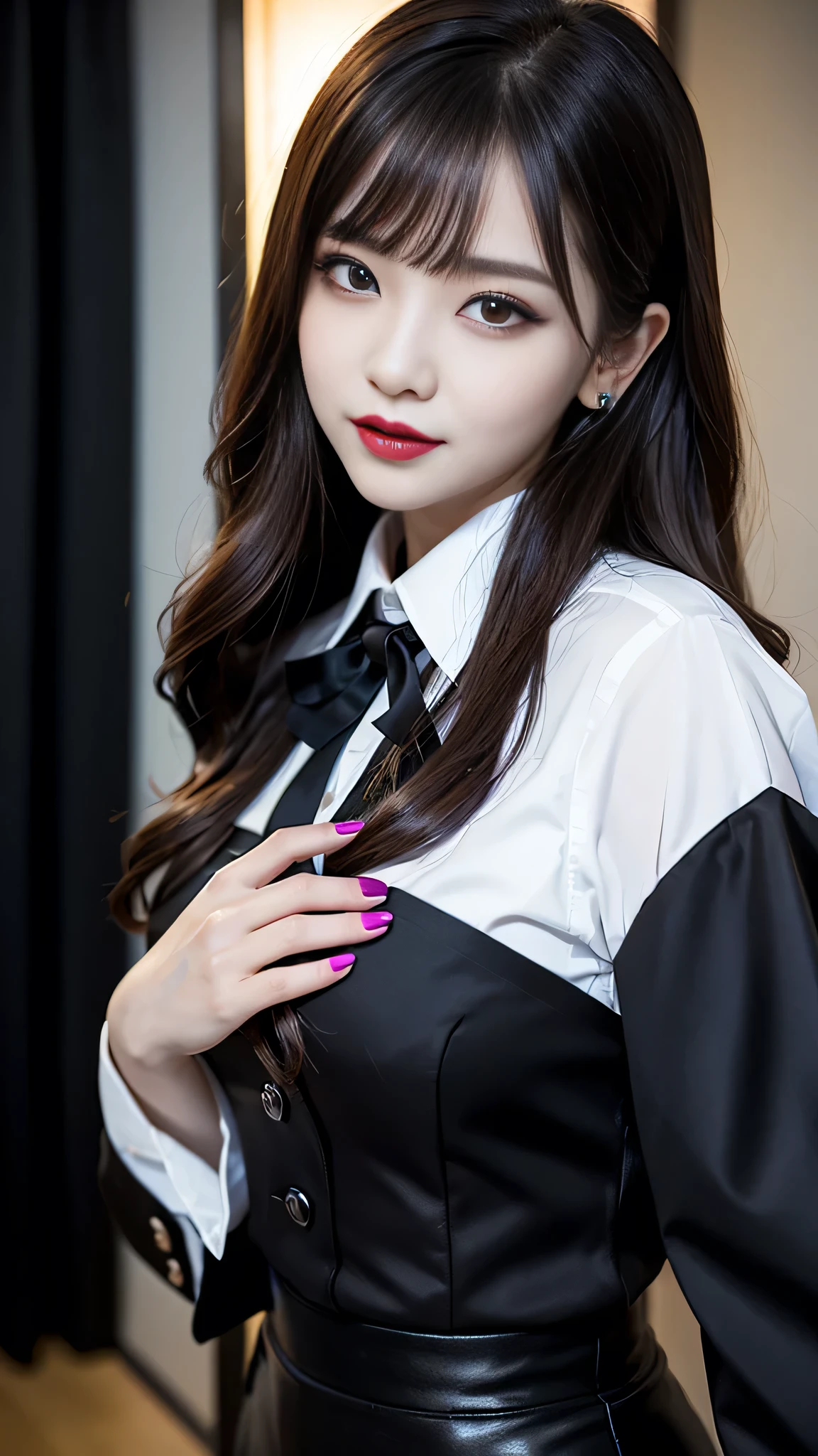 best quality、ultra-detailed、4k、Japanese、Seductive beauty、seductive adult woman、Pretty Woman、cool girl、Villainess、Brainwashed、brainwash、Fallen into evil、smirk、Evil look、Wicked Smile、evil、Brown hair、wavy hair、swept bangs、dark makeup、dark makeup、piercing eyes、hollow eyes,half-closed eyes、Hollow Eyes、purple Eyeshadow、black lipstick、black lipglos、office staff suit、suit、Jacket、Black sleeves、White Shirt、Black Ribbon、Tight Skirt、pantyhose、night、inside darkroom、Are standing、shoot from below、Have lipstick、Emblem of Evil、Crest of Darkness、Swear allegiance、I have pledged my allegiance、Dye black、Blackening、Stained with evil、Dyed in darkness、Seduce、