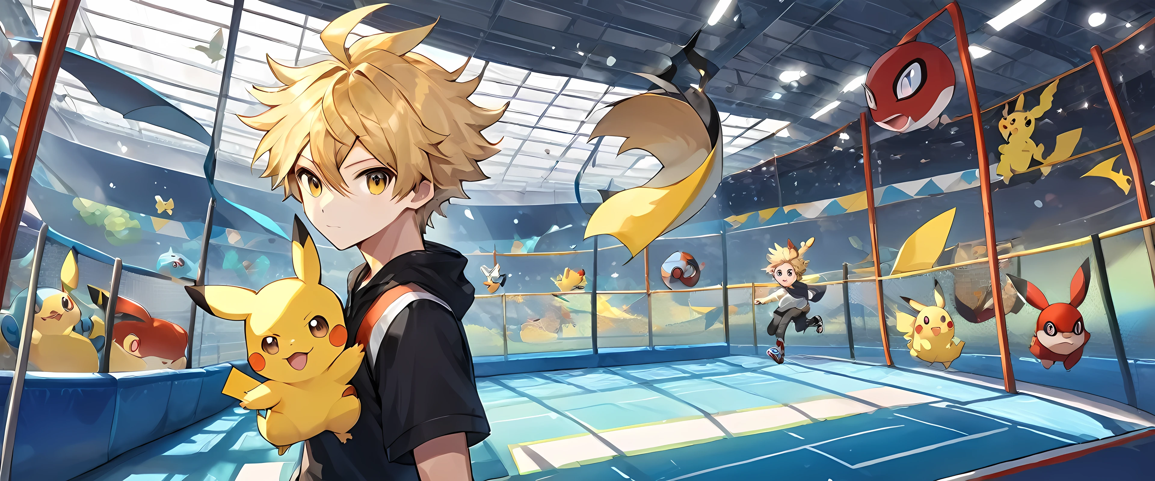 a young blond boy with short stylish gradient hair and a Z on the side, in a trampoline park surrounded by pokemon, leviathan, pikachu, akira toriyama style.