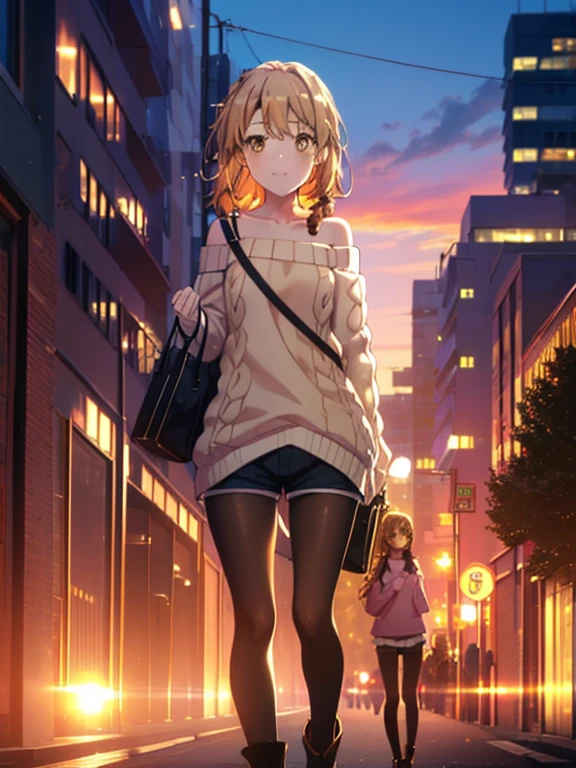 irohaisshiki, iroha isshiki, long hair, brown hair, (brown eyes:1.5), smile,blush,short braided hair,ponytail,off shoulder sweater,bare shoulders,naked neck,bare clavicle, oversized sweater, oversized sweater, shorts,black pantyhose,short boots,Morning Day,morning,the sun is rising,walking,, break outdoors, building street,In town, break looking at viewer, break (masterpiece:1.2), highest quality, High resolution, unity 8k wallpaper, (figure:0.8), (detailed and beautiful eyes:1.6), highly detailed face, perfect lighting, Very detailed CG, (perfect hands, perfect anatomy),